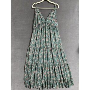Green Floral Tiered Maxi Dress with V-Neck